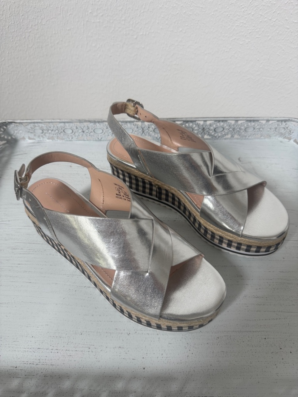 Like New ❤️Zara Silver Metallic Platform Espadrille Wedges with Gingham Trim